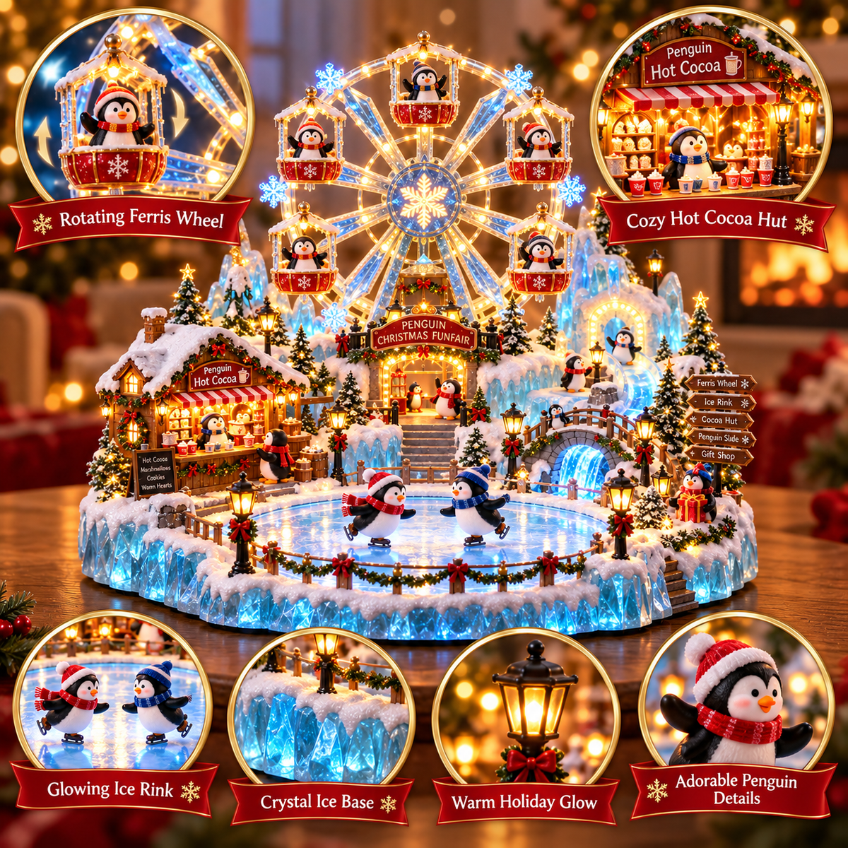 🔥Last Day 33% OFF -🎡 Penguin Christmas Funfair | Lighted Animated Christmas Village