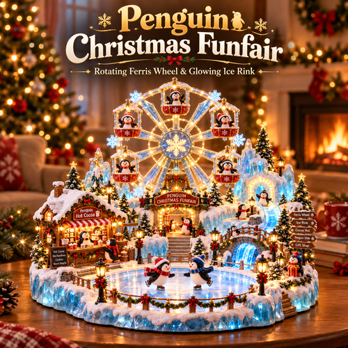 🔥Last Day 33% OFF -🎡 Penguin Christmas Funfair | Lighted Animated Christmas Village