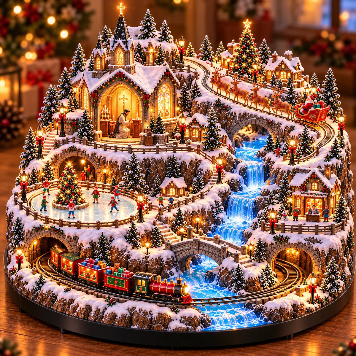 🎄🚂 Lighted Christmas Village – Miniature Train, Santa’s Sleigh & Glowing Winter Scene