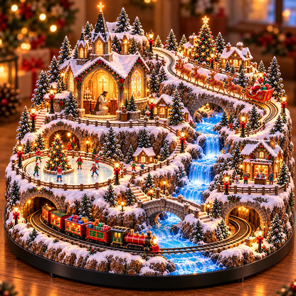🎄🚂 Lighted Christmas Village – Miniature Train, Santa’s Sleigh & Glowing Winter Scene