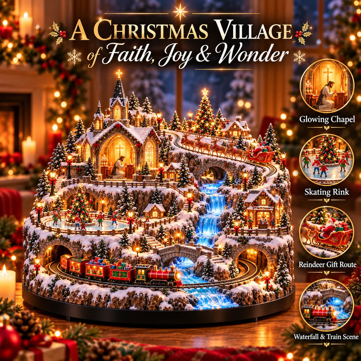 🎄🚂 Lighted Christmas Village – Miniature Train, Santa’s Sleigh & Glowing Winter Scene