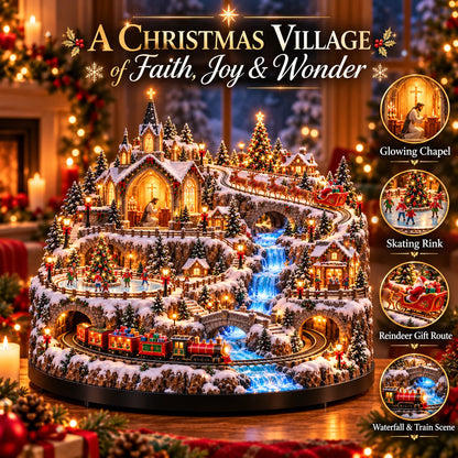 🎄🚂 Lighted Christmas Village – Miniature Train, Santa’s Sleigh & Glowing Winter Scene