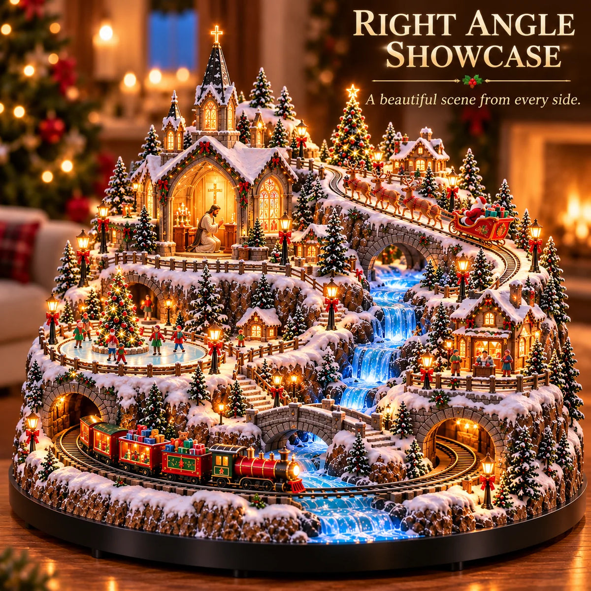 🎄🚂 Lighted Christmas Village – Miniature Train, Santa’s Sleigh & Glowing Winter Scene
