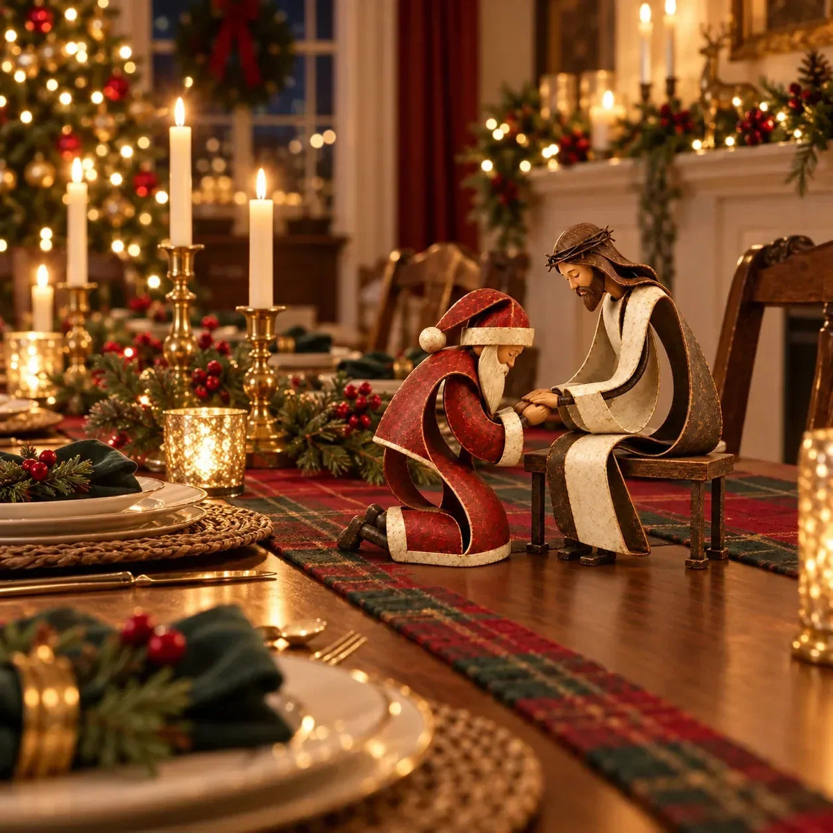 ⏳ Last Day 49% OFF – ✝️ Santa Kneeling Before Jesus Christmas Figurines | Meaningful Wood & Iron Faith Décor 🎄