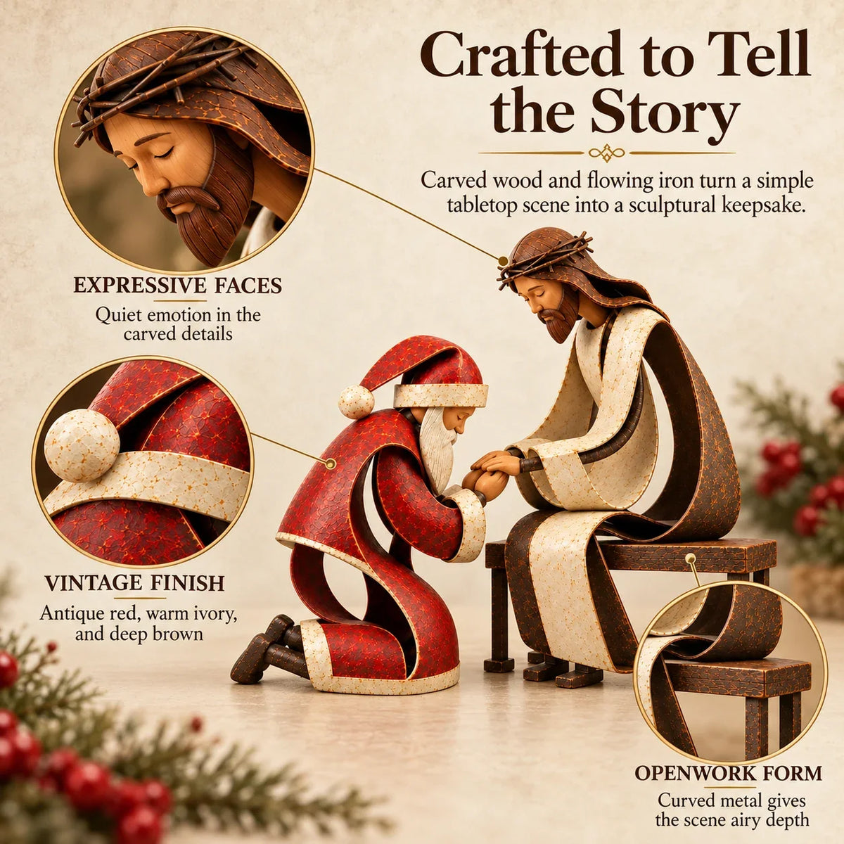 ⏳ Last Day 49% OFF – ✝️ Santa Kneeling Before Jesus Christmas Figurines | Meaningful Wood & Iron Faith Décor 🎄