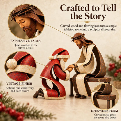 ⏳ Last Day 49% OFF – ✝️ Santa Kneeling Before Jesus Christmas Figurines | Meaningful Wood & Iron Faith Décor 🎄