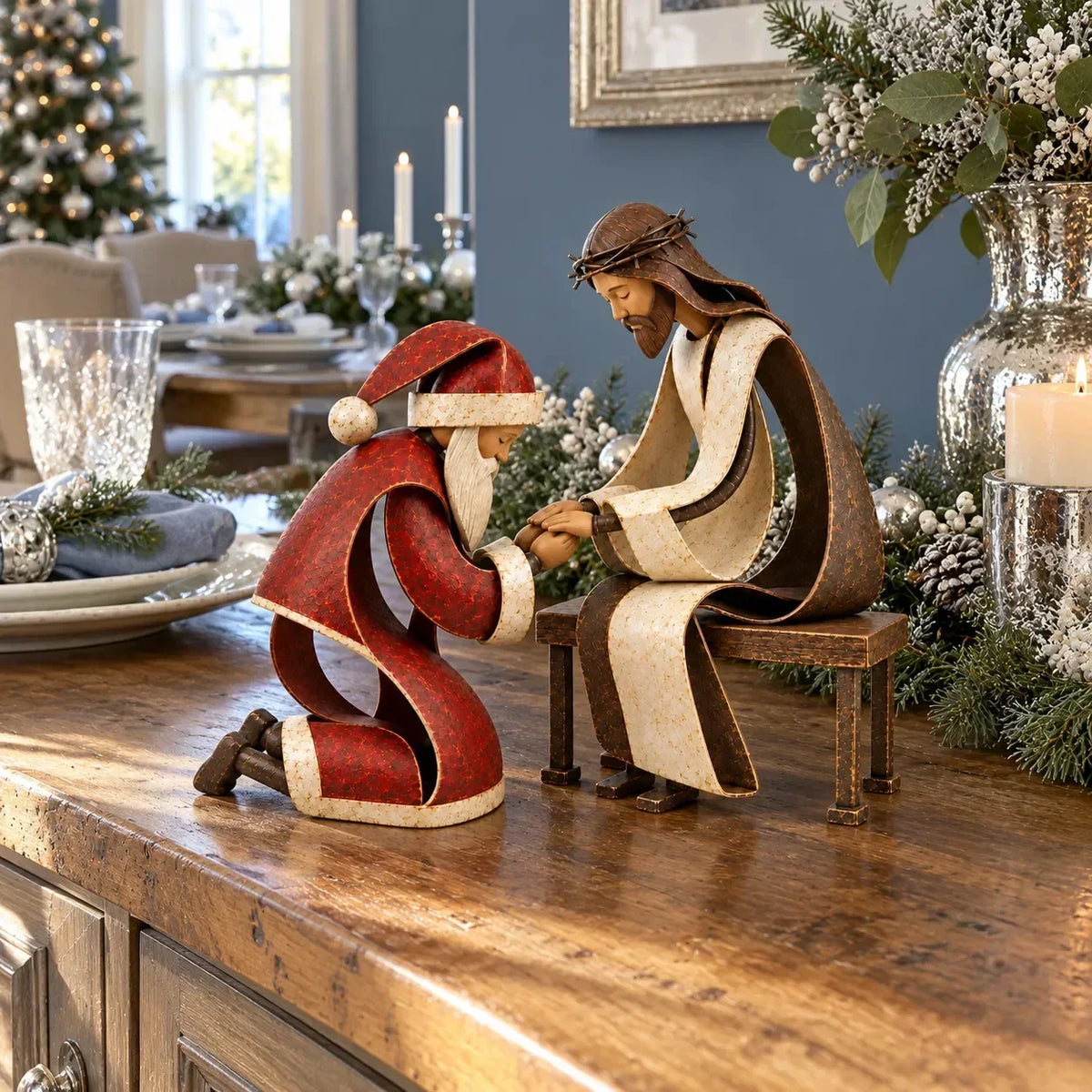 ⏳ Last Day 49% OFF – ✝️ Santa Kneeling Before Jesus Christmas Figurines | Meaningful Wood & Iron Faith Décor 🎄