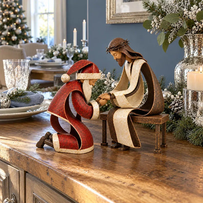 ⏳ Last Day 49% OFF – ✝️ Santa Kneeling Before Jesus Christmas Figurines | Meaningful Wood & Iron Faith Décor 🎄