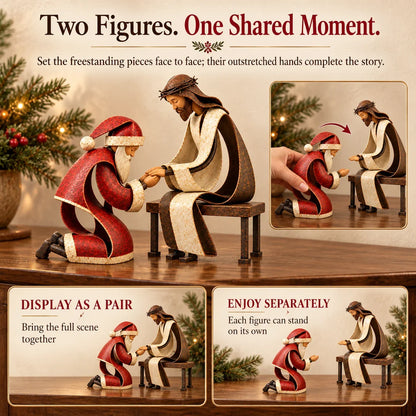 ⏳ Last Day 49% OFF – ✝️ Santa Kneeling Before Jesus Christmas Figurines | Meaningful Wood & Iron Faith Décor 🎄