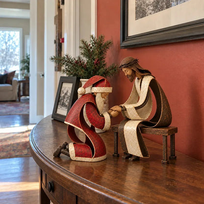 ⏳ Last Day 49% OFF – ✝️ Santa Kneeling Before Jesus Christmas Figurines | Meaningful Wood & Iron Faith Décor 🎄