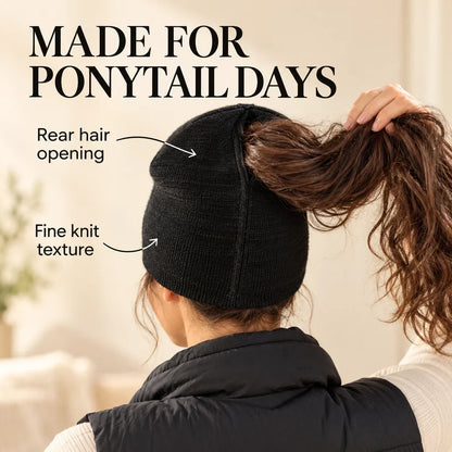 🧲🧶 Women's Magnetic Ponytail Beanie – 100% Acrylic Knit Winter Hat with Magnetic Hair Opening for Ponytails, Buns & Braids