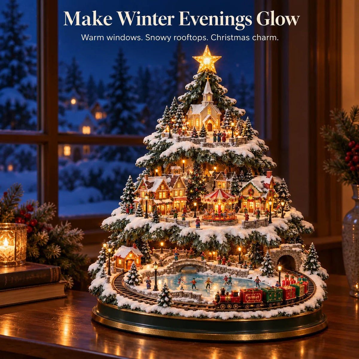 🔥 LAST DAY 33% OFF 🔥 🎄 Lighted Christmas Village Tree – Train, Carousel & Magical Holiday Glow ✨