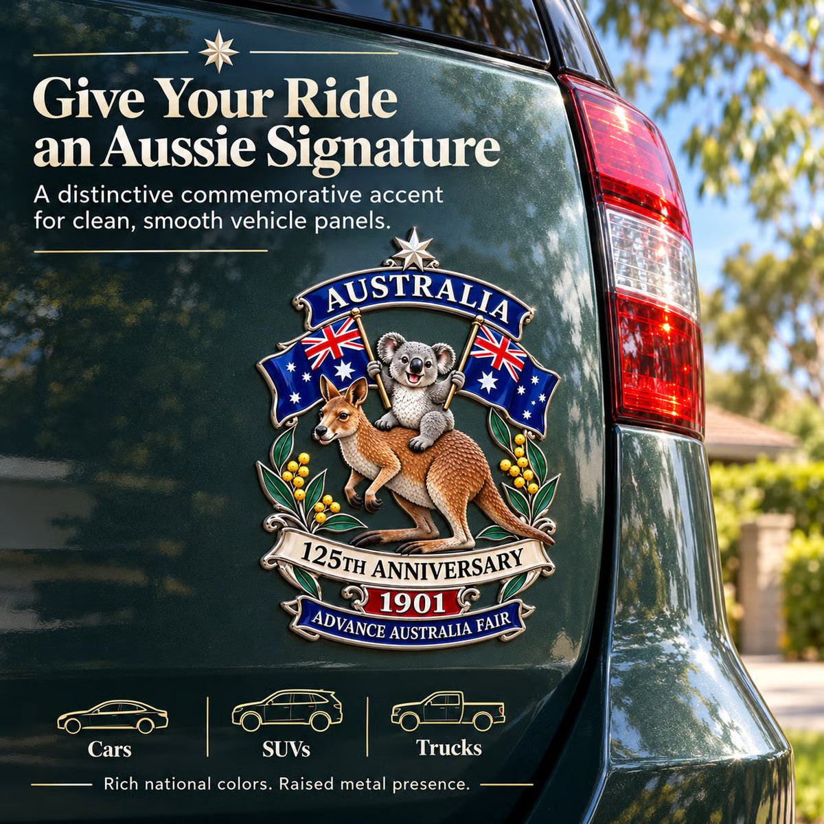 ⏳ Last Day 49% OFF – 🇦🇺 Australia 125th Anniversary 3D Metal Badge | 🖤 Waterproof • No Fade • No Rust • Adhesive & Magnetic 2-in-1 🚗