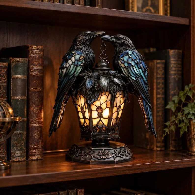 🐦‍⬛🕯️ Gothic Double-Raven Lantern – Stained-Glass-Inspired Wings & Warm Amber Glow ✨