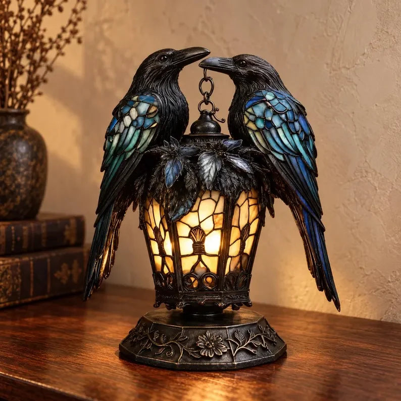🐦‍⬛🕯️ Gothic Double-Raven Lantern – Stained-Glass-Inspired Wings & Warm Amber Glow ✨