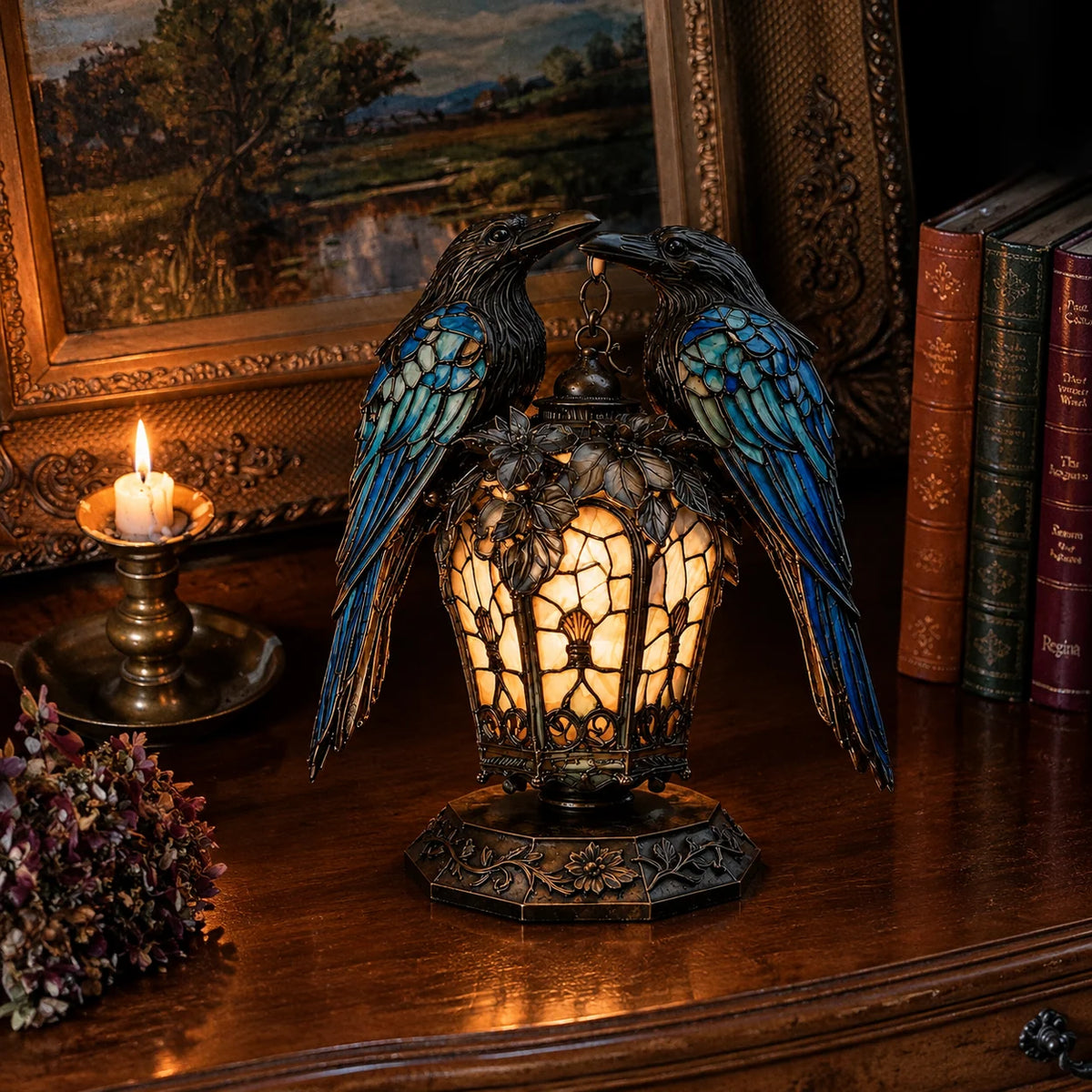 🐦‍⬛🕯️ Gothic Double-Raven Lantern – Stained-Glass-Inspired Wings & Warm Amber Glow ✨