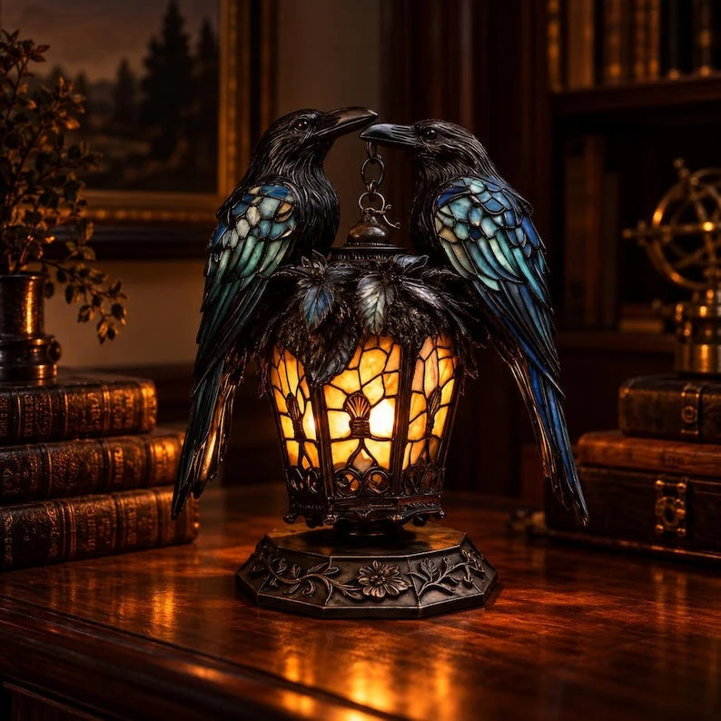 🐦‍⬛🕯️ Gothic Double-Raven Lantern – Stained-Glass-Inspired Wings & Warm Amber Glow ✨