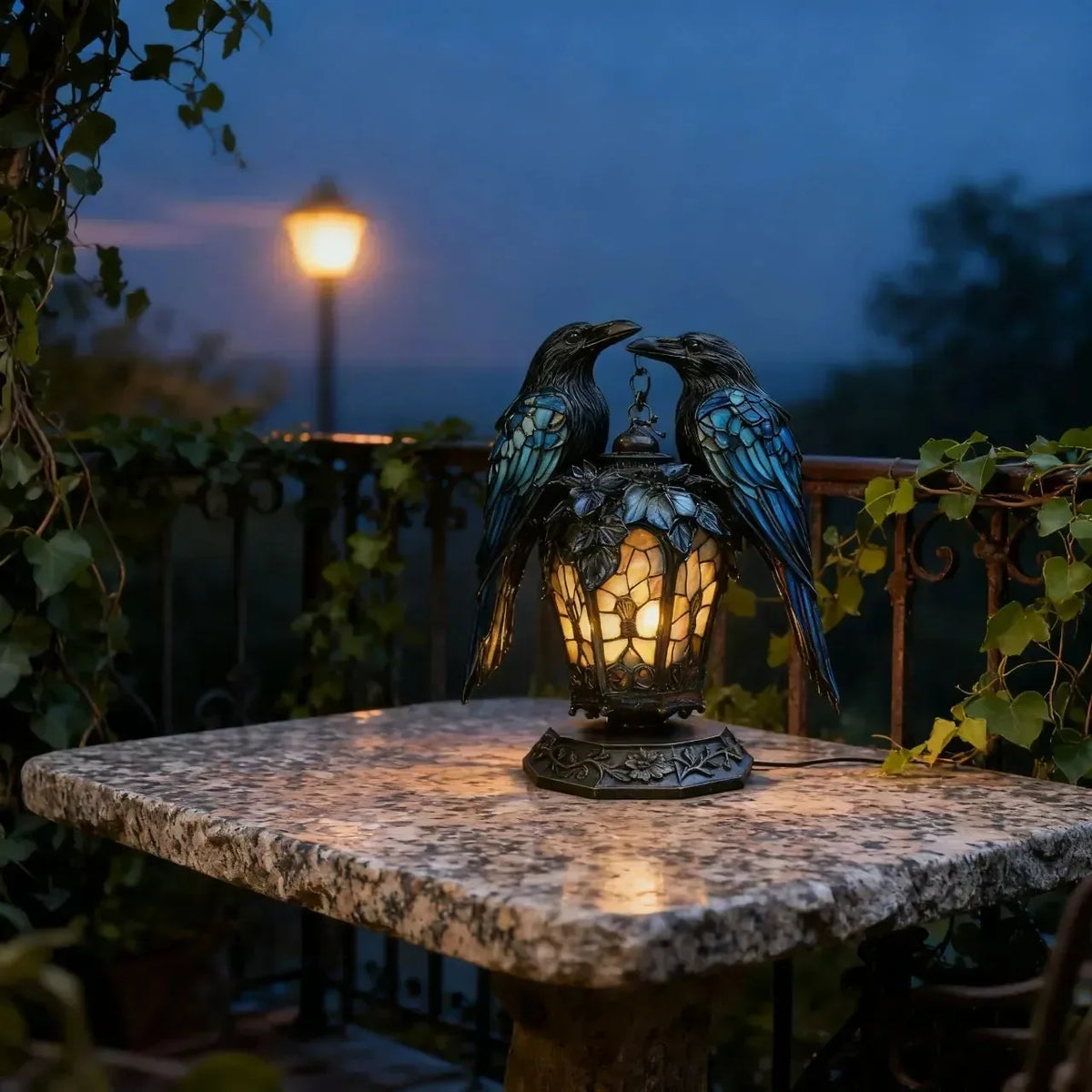 🐦‍⬛🕯️ Gothic Double-Raven Lantern – Stained-Glass-Inspired Wings & Warm Amber Glow ✨