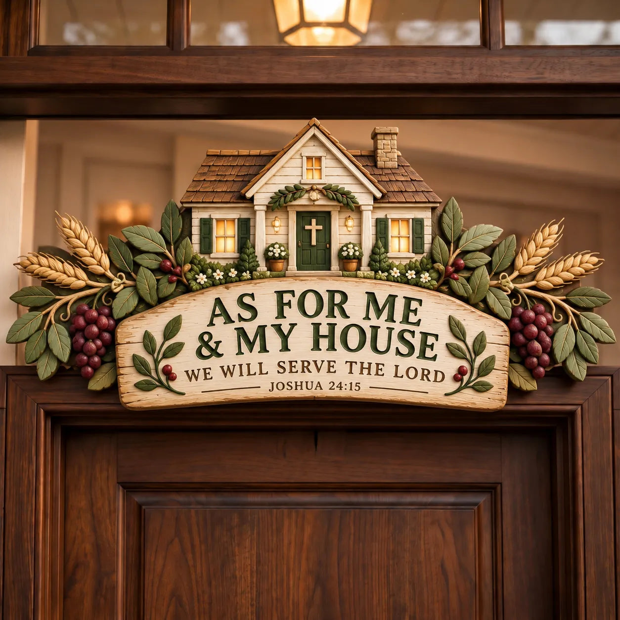 As For Me and My House topper on a wooden doorway in a cozy home