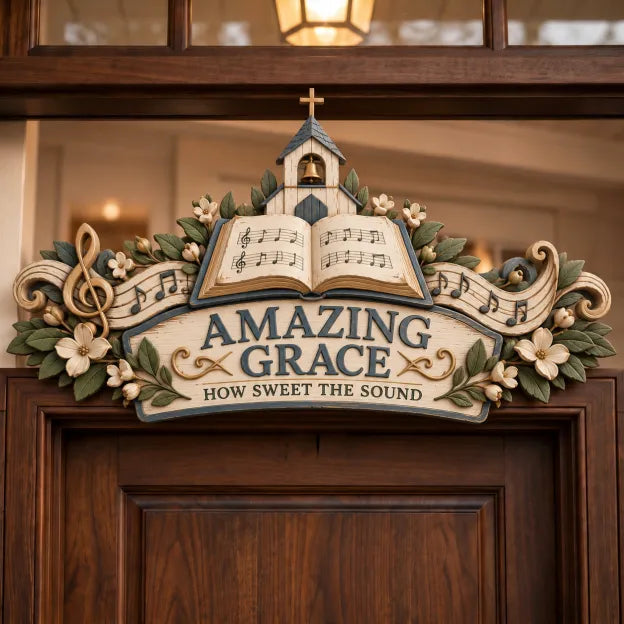 Amazing Grace door topper with music notes and open book