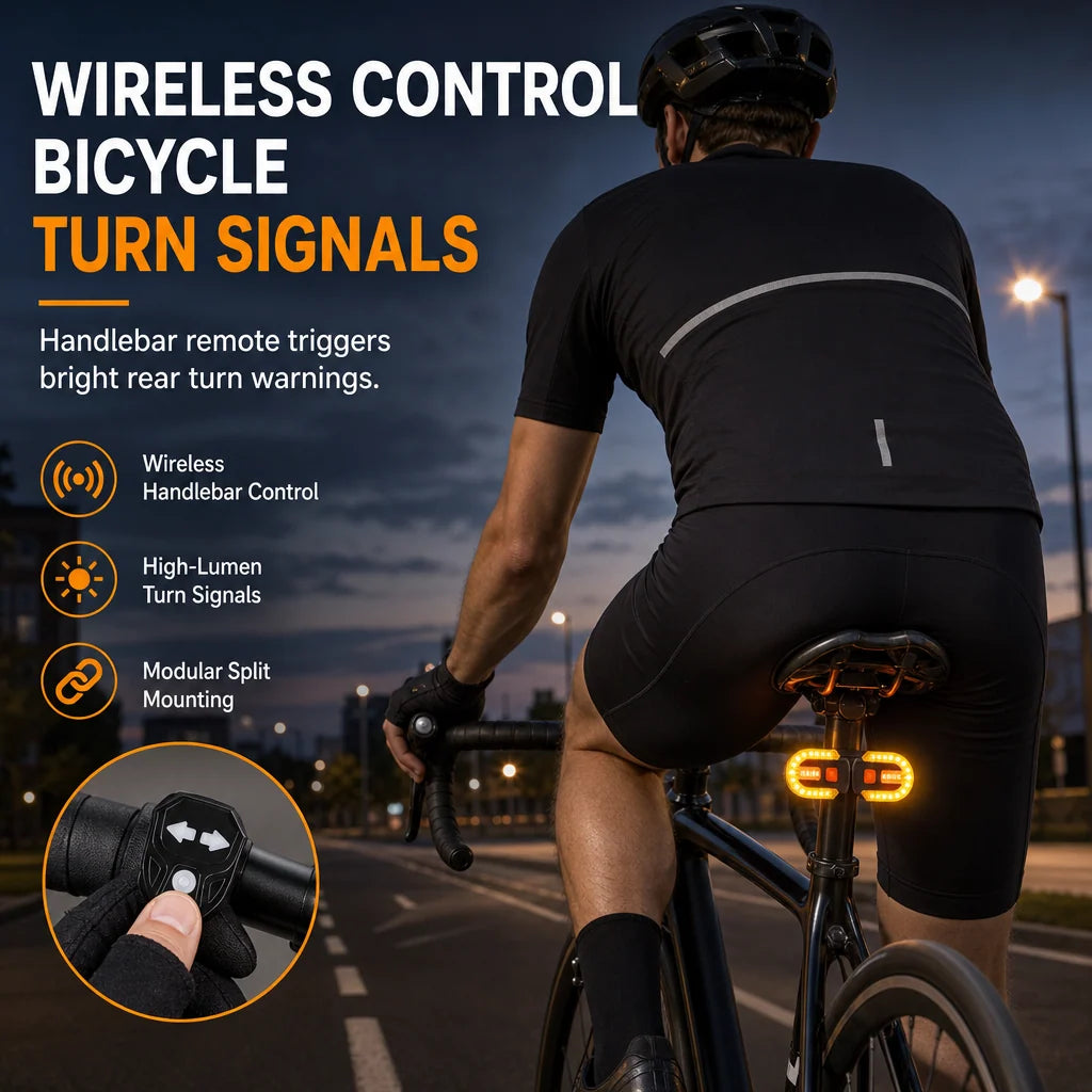 🚴💡 Wireless Bike Turn Signals – Thumb Control, Split Rear Lights & Type-C Charging