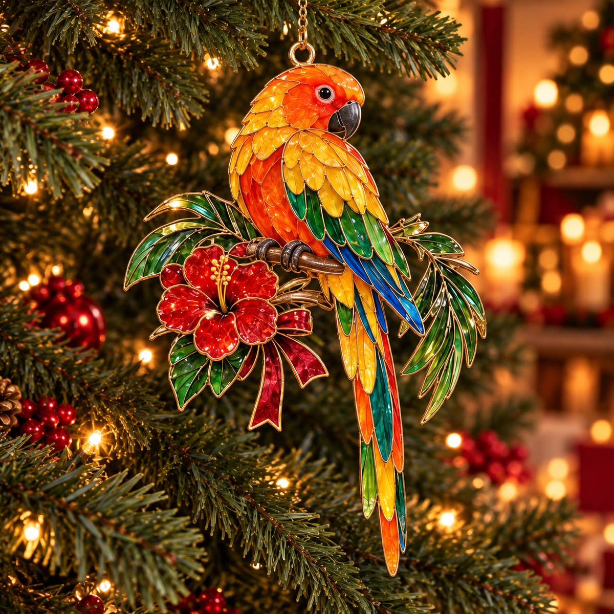 Tropical Parrot Christmas Ornaments – Vintage Stained Glass Style, Set of 6