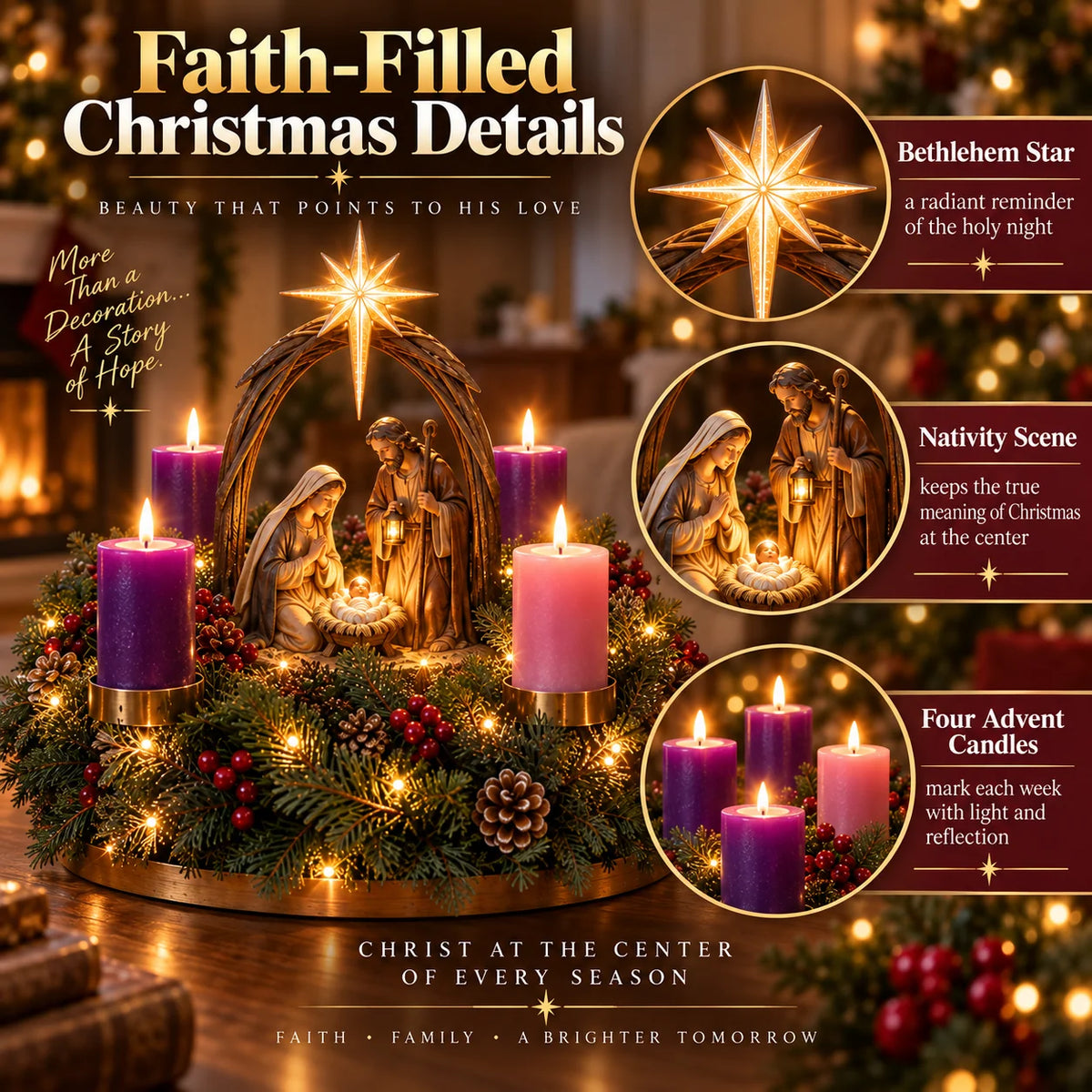 ✝️ Lighted Nativity Advent Wreath – 4-Week Christmas Candlelight Tradition 🕯️
