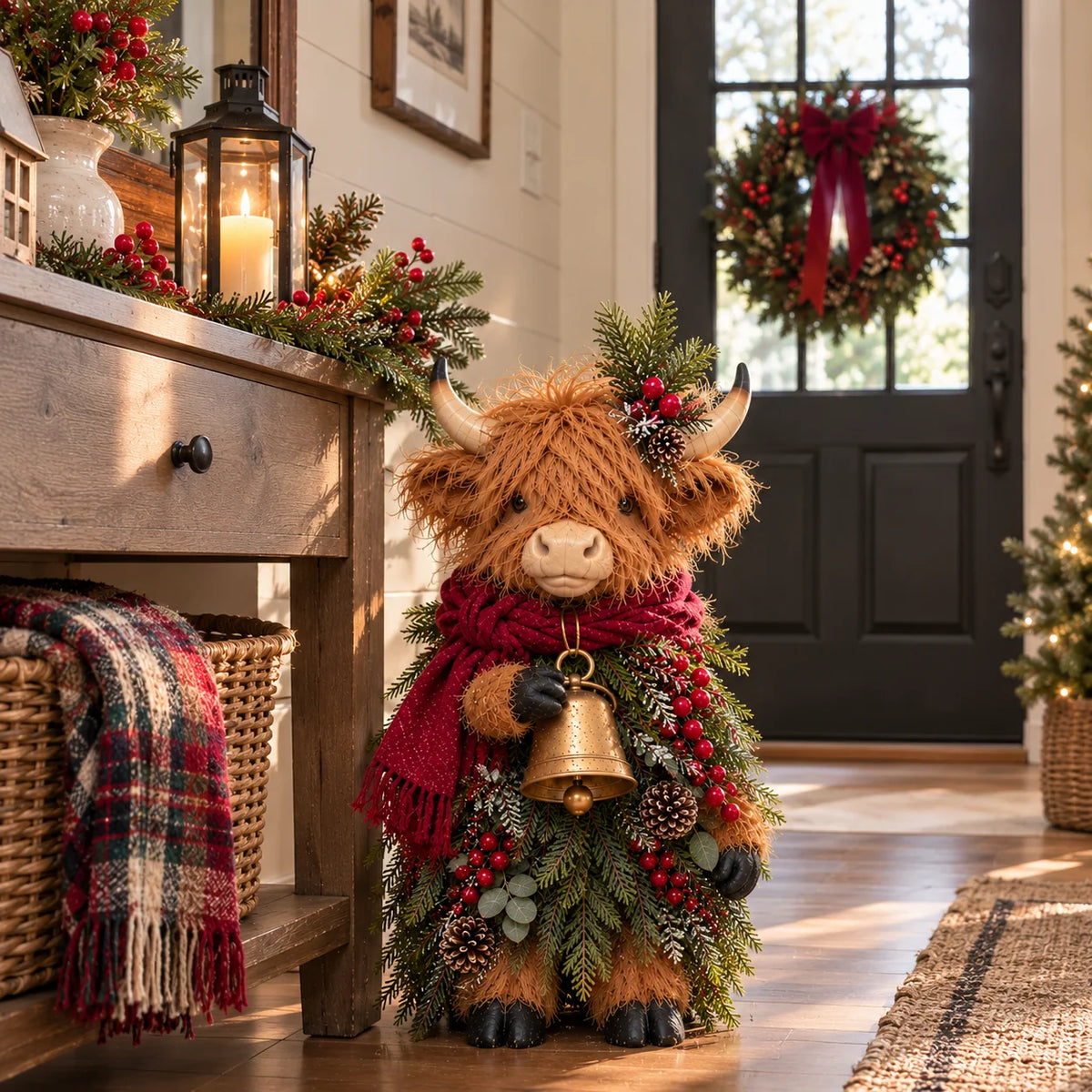 🐮🎄 Christmas Highland Cow Figurine with Bell – Rustic Farmhouse Holiday Decor