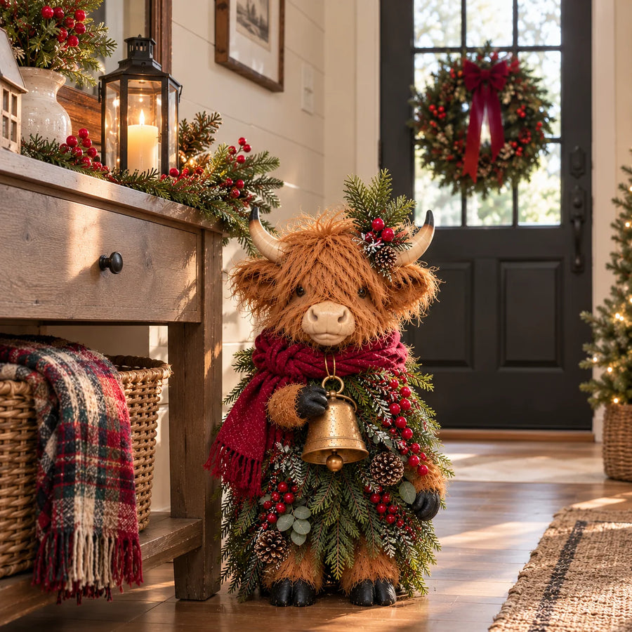 🐮🎄 Christmas Highland Cow Figurine with Bell – Rustic Farmhouse Holiday Decor