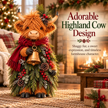 🐮🎄 Christmas Highland Cow Figurine with Bell – Rustic Farmhouse Holiday Decor