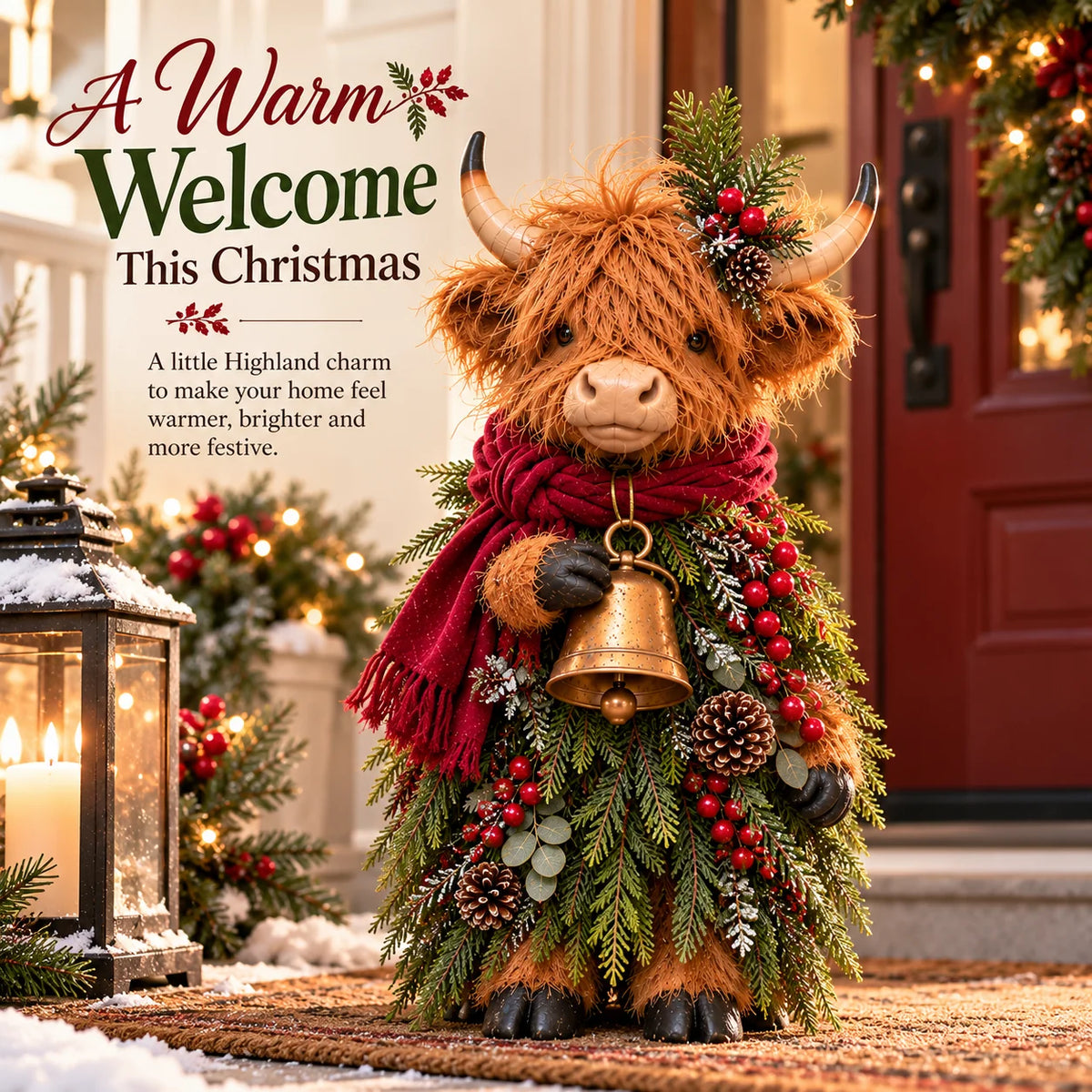 🐮🎄 Christmas Highland Cow Figurine with Bell – Rustic Farmhouse Holiday Decor
