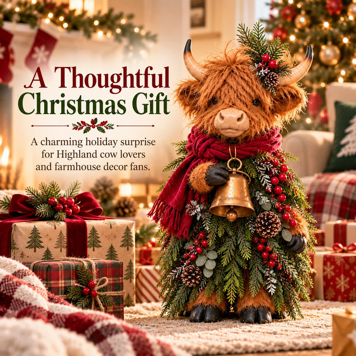 🐮🎄 Christmas Highland Cow Figurine with Bell – Rustic Farmhouse Holiday Decor