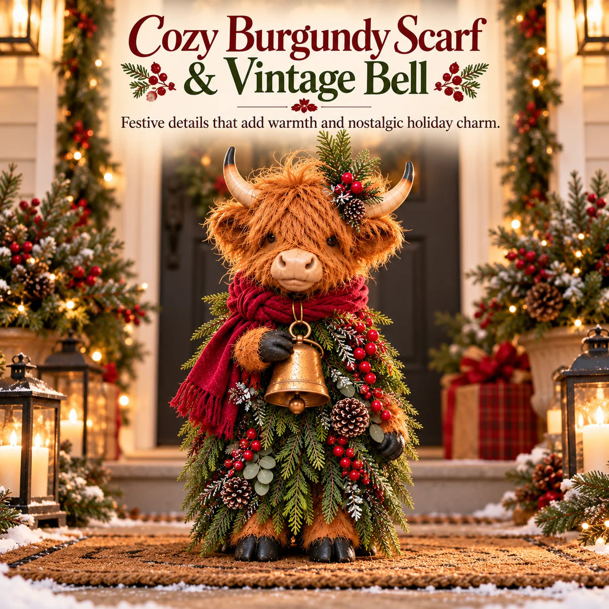 🐮🎄 Christmas Highland Cow Figurine with Bell – Rustic Farmhouse Holiday Decor