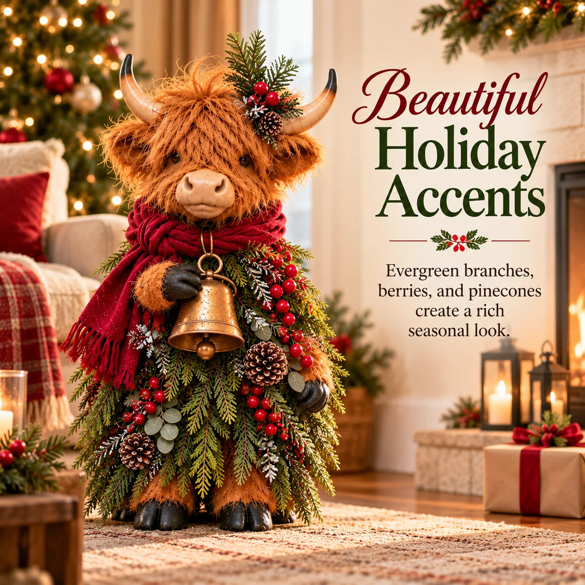 🐮🎄 Christmas Highland Cow Figurine with Bell – Rustic Farmhouse Holiday Decor