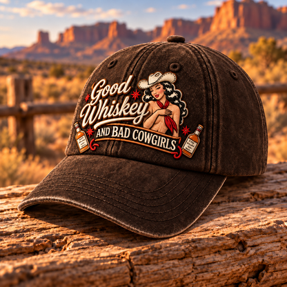 🤠🥃 Good Whiskey And Bad Cowgirls Retro Western Pin-Up Baseball Cap