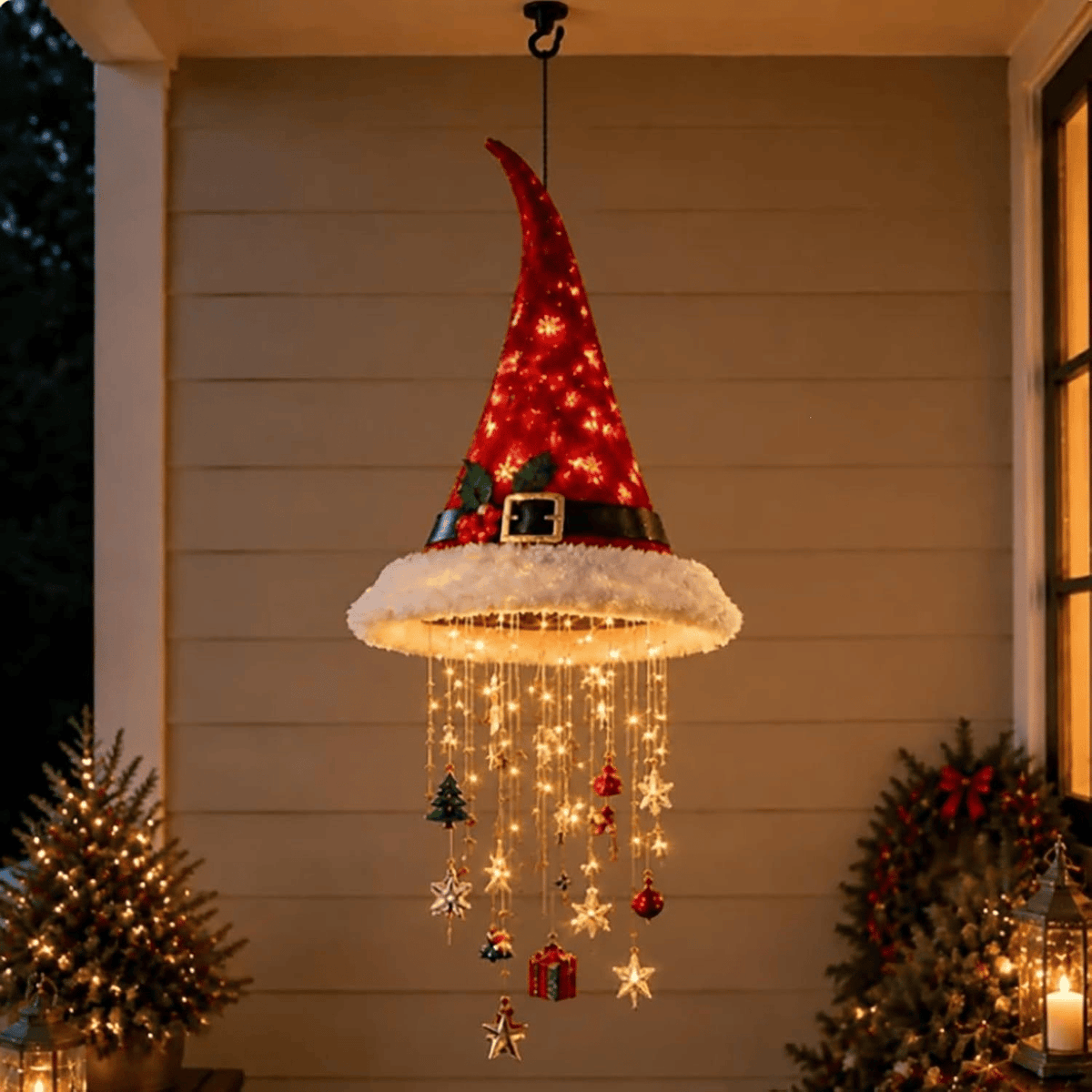 🎄 Hanging Santa Hat LED Tree Lights – Cascading Christmas Glow for Festive Holiday Decor 🎅