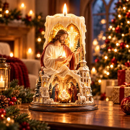 ✝️ Jesus Light of Faith – Nativity-Inspired Christian Candle Sculpture & Christmas Decor
