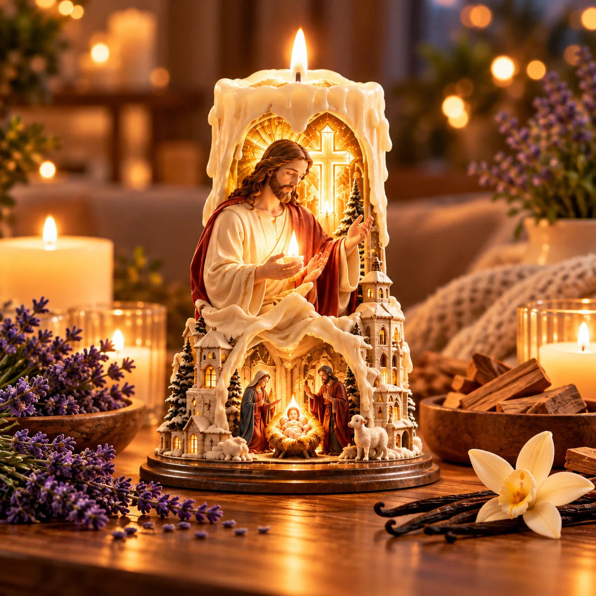 ✝️ Jesus Light of Faith – Nativity-Inspired Christian Candle Sculpture & Christmas Decor