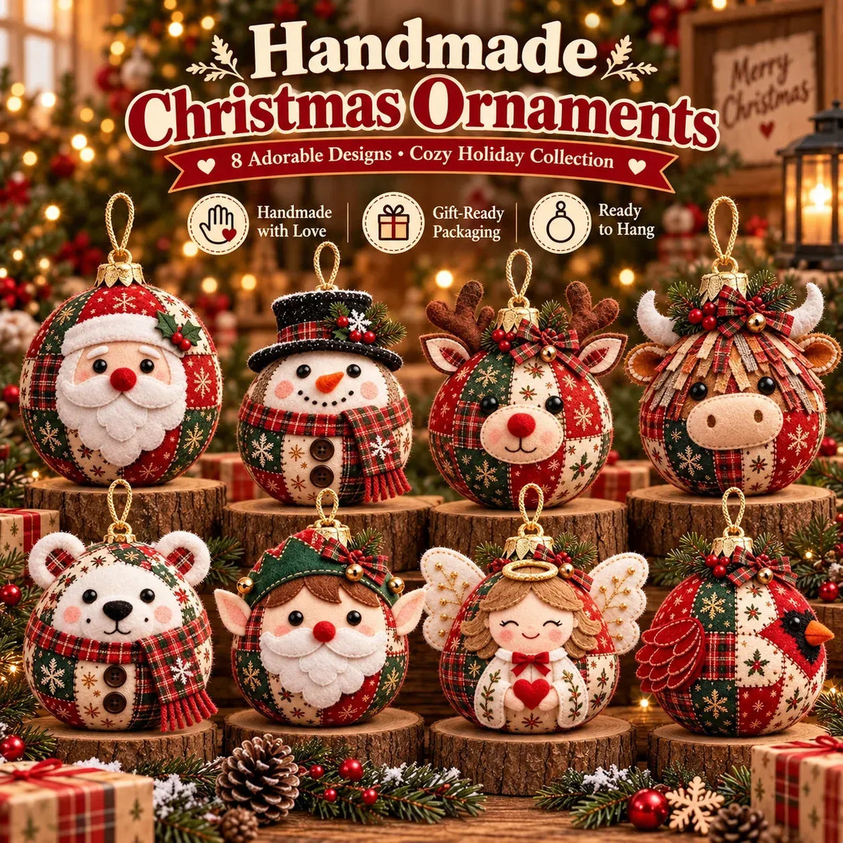🎄 Easy DIY Patchwork Christmas Ornaments – 8 Adorable Holiday Characters ✨