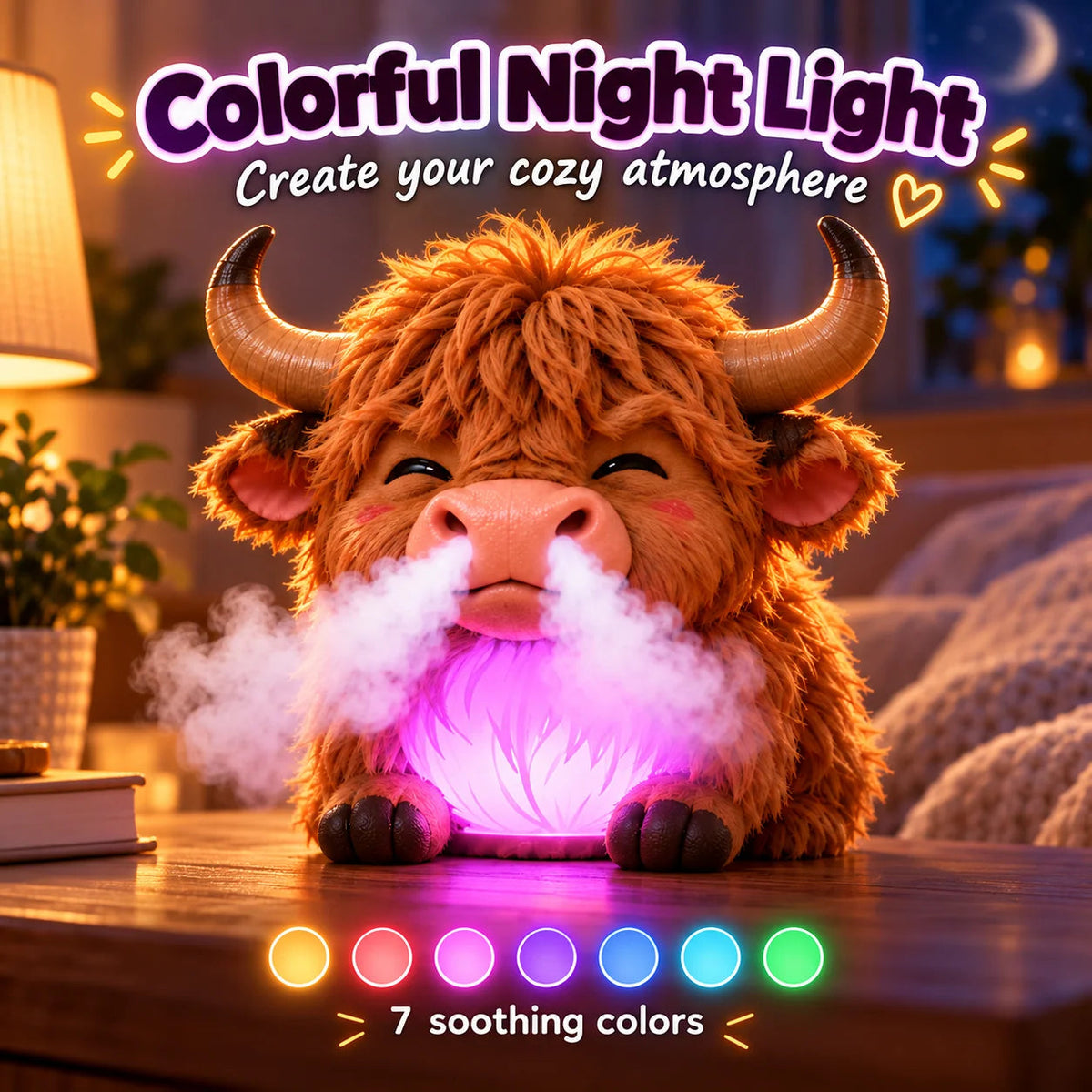 🔥🔥🔥😊 Highland Cow Huff™ – Tap-to-Puff Humidifier & Colorful Night Light ✨🎁