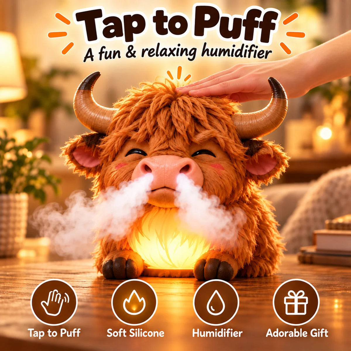🔥🔥🔥😊 Highland Cow Huff™ – Tap-to-Puff Humidifier & Colorful Night Light ✨🎁