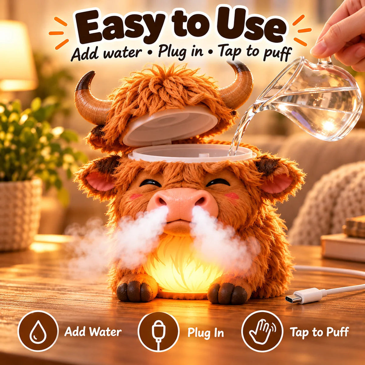🔥🔥🔥😊 Highland Cow Huff™ – Tap-to-Puff Humidifier & Colorful Night Light ✨🎁