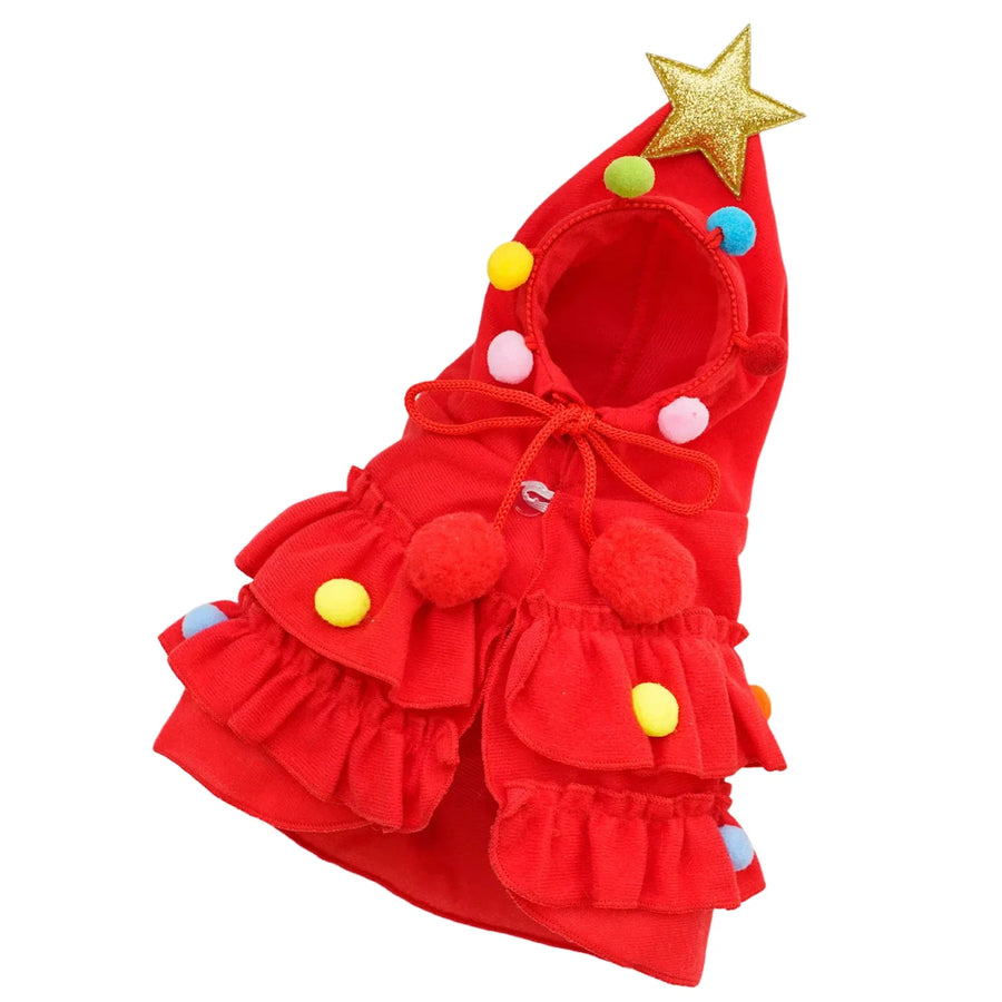 Red Christmas tree pet cape with gold star and layered ruffles