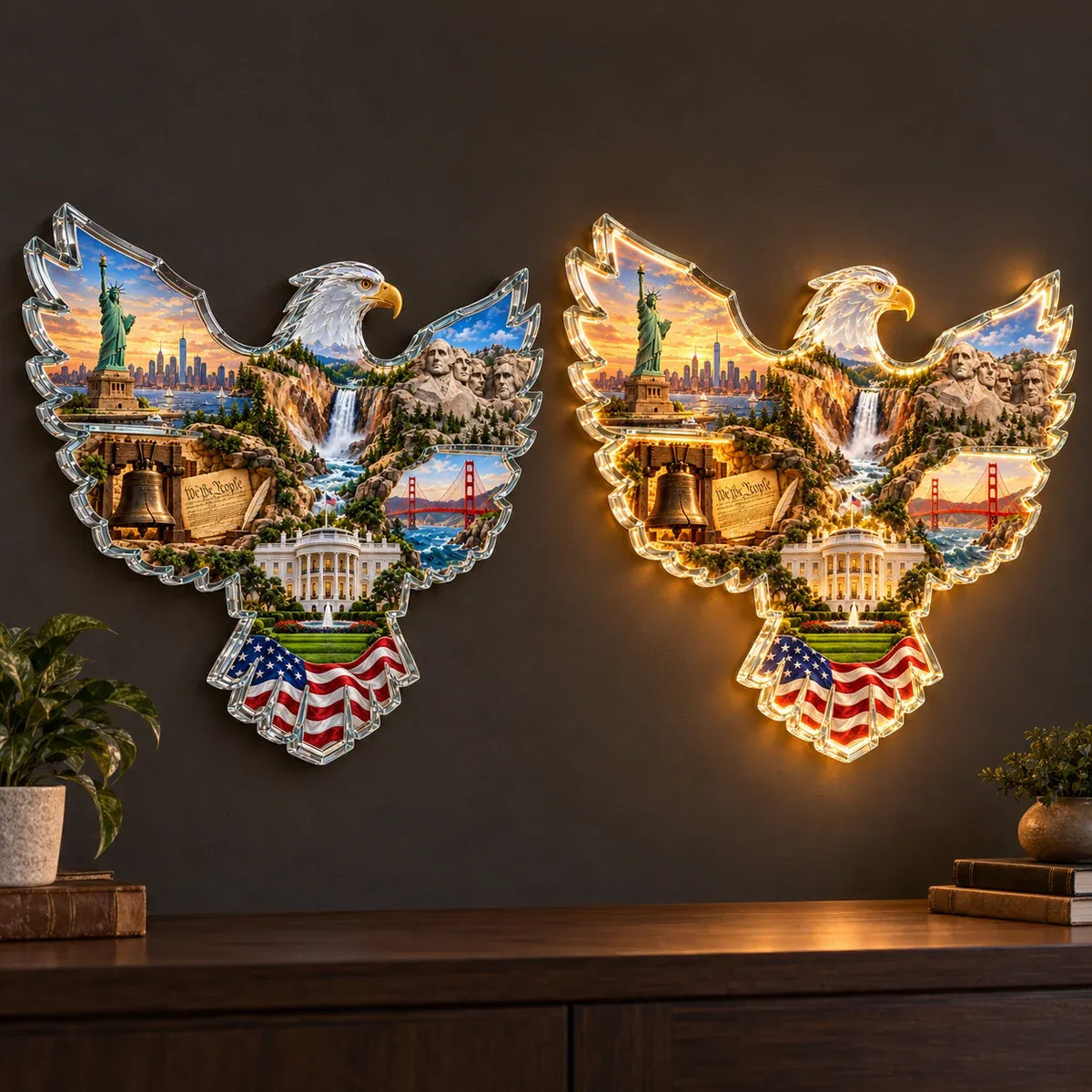 🦅 American Heritage Light-Up Eagle Wall Art – 6 Iconic U.S. Landmarks 🇺🇸