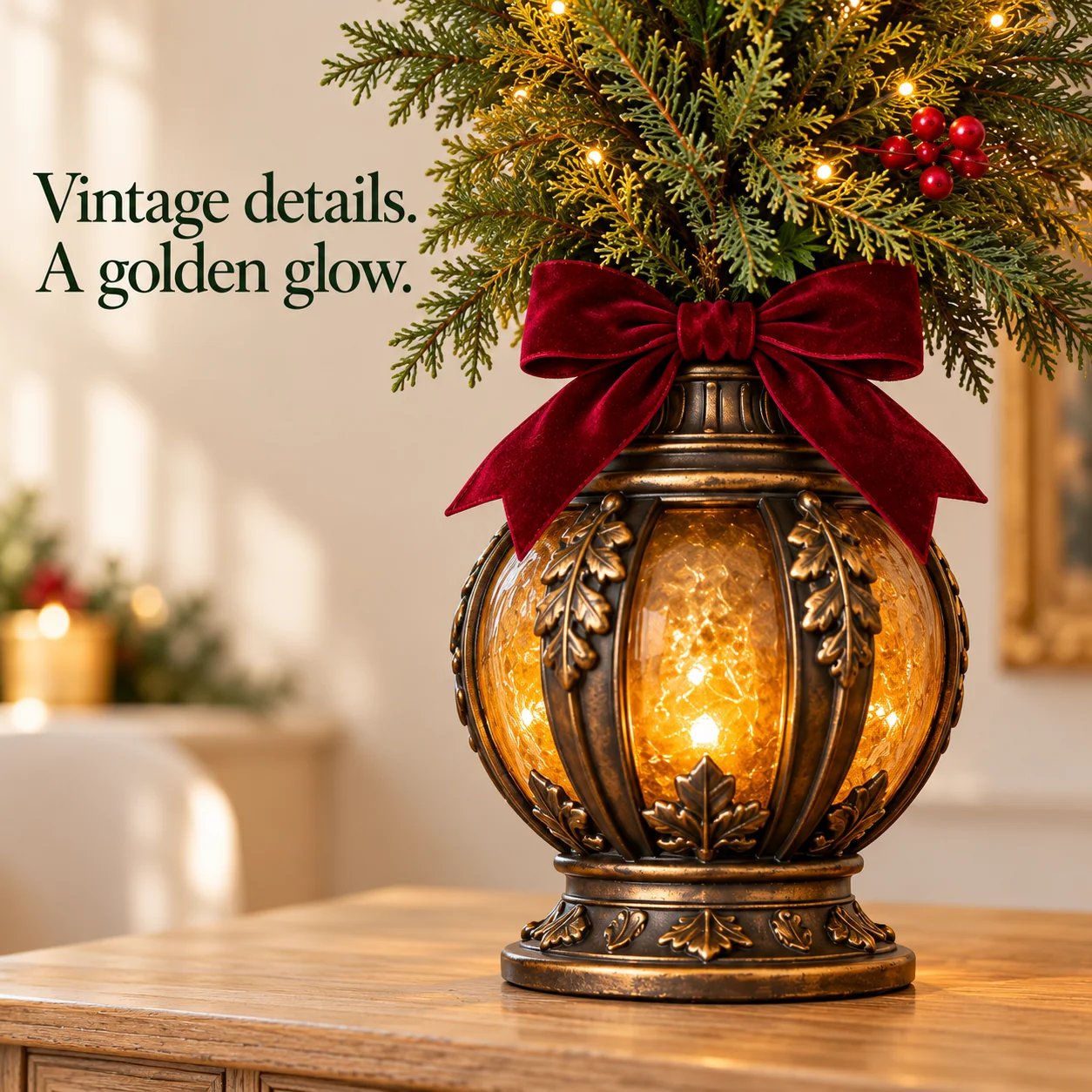 Close-up of glowing vintage style lantern base with burgundy bow