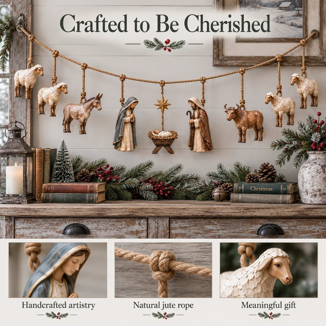 Close-up carved wood texture of Nativity figures