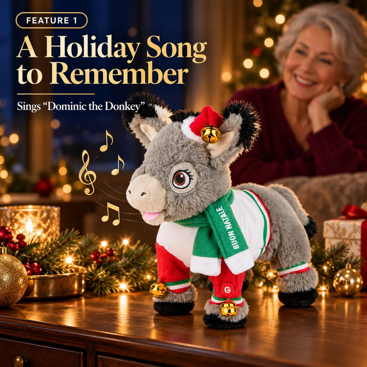 🎵 Musical Dominic the Donkey Christmas Plush, Battery Powered Animated Decor Gift