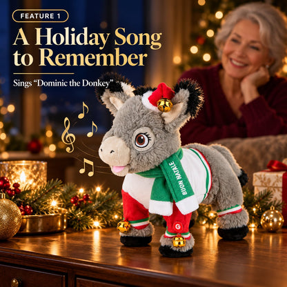 🎵 Musical Dominic the Donkey Christmas Plush, Battery Powered Animated Decor Gift