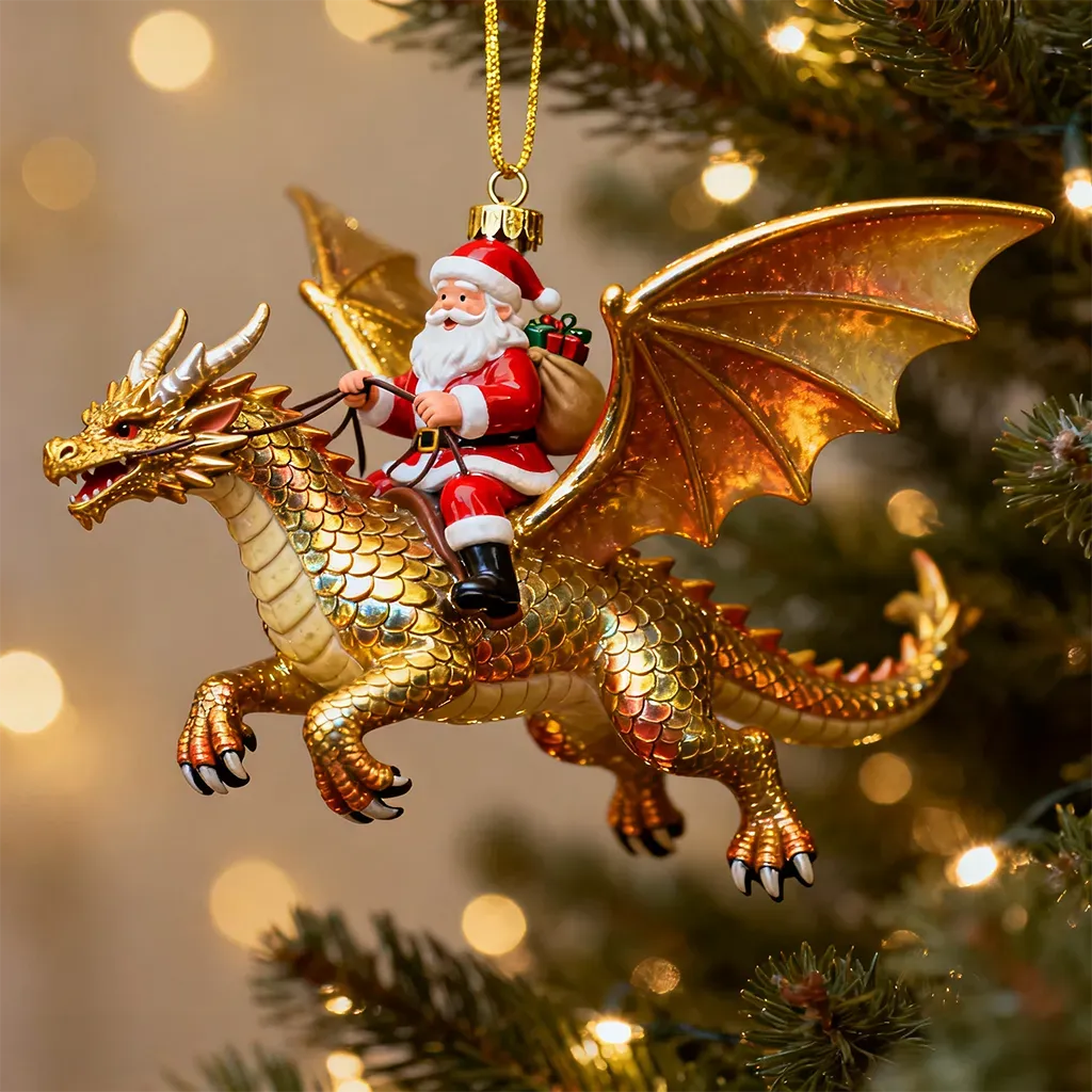 Golden Dawn Dragon with Santa Christmas Ornament