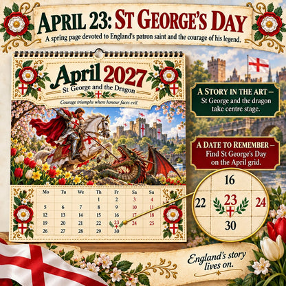⏳ Last Day 49% OFF – 🛡️ 2027 England St. George Wall Calendar | 12 Illustrated Monthly Scenes with Faith, Courage & Heritage 🇬🇧
